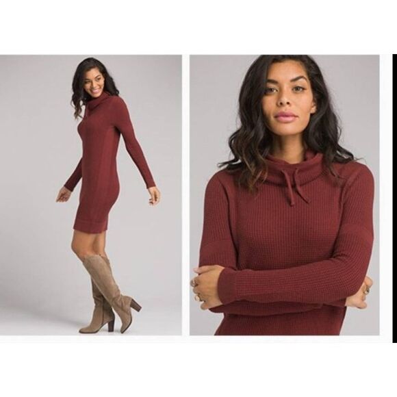 Prana Masina Waffle Knit Cabincore Cowlneck Mini Sweater Dress Sz. L - Picture 1 of 8